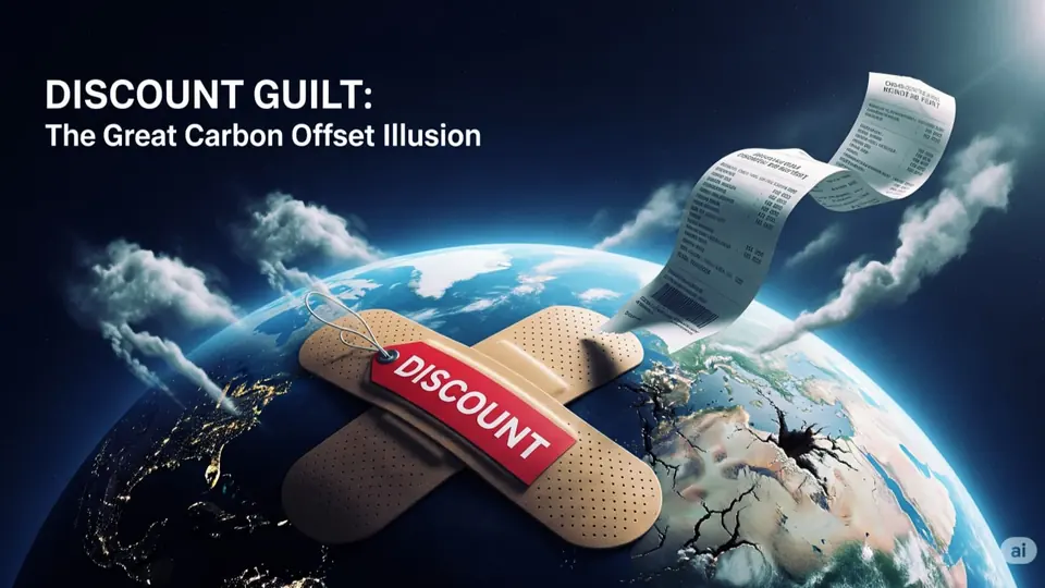 An illustration of the Earth with a sticking plaster tagged “Discount” and a receipt blowing past, titled “Discount guilt: the great carbon offset illusion”.